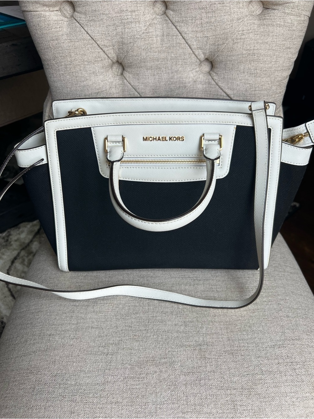 MICHAEL KORS Black and White Selma Satchel with Gold Hardware